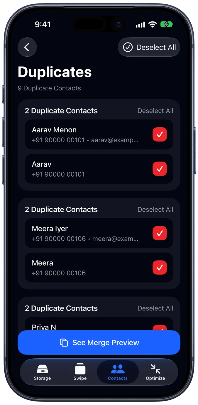 Duplicate contacts screen